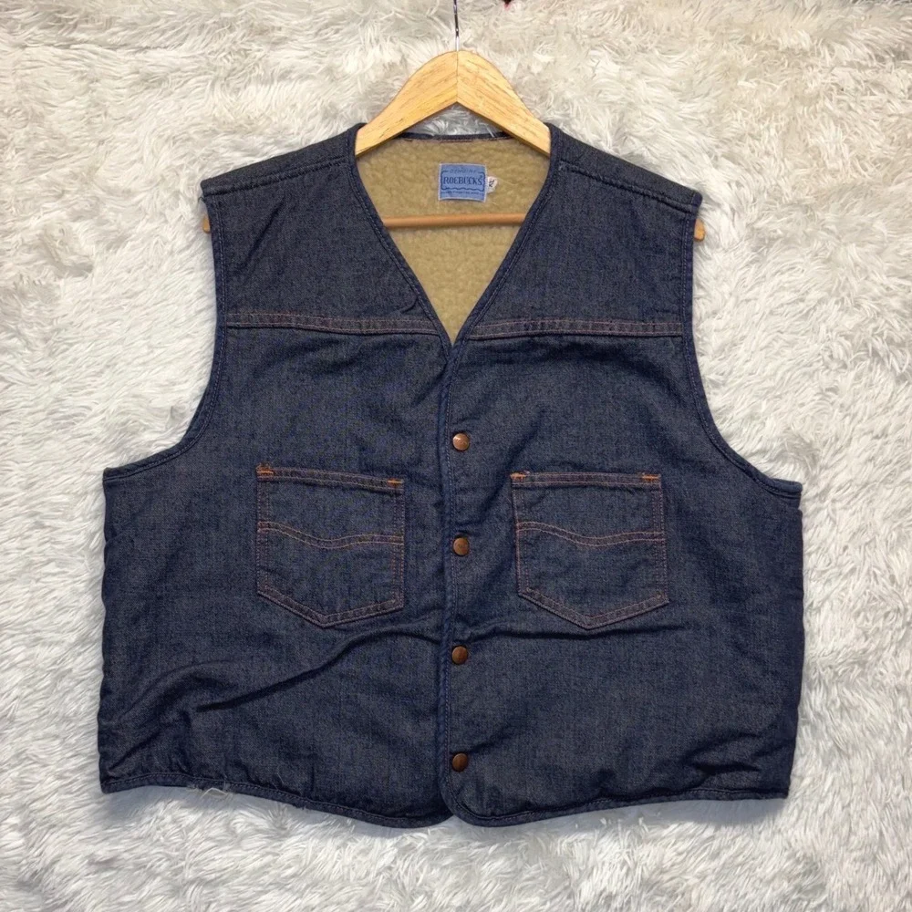 Vintage 70s Roebucks Sears Sherpa Lined Denim Vest Mens XL Snap Front Dark Wash